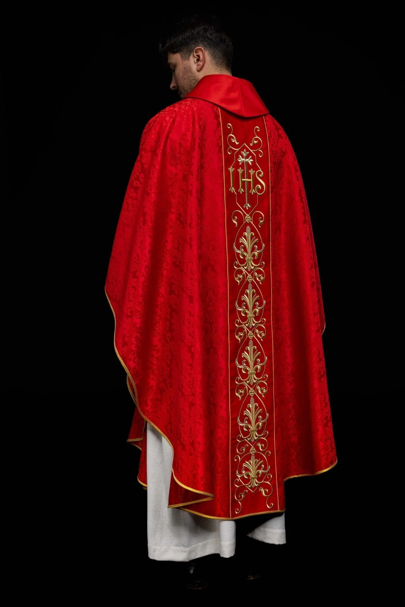 Richly embroidered red IHS chasuble - Image 7