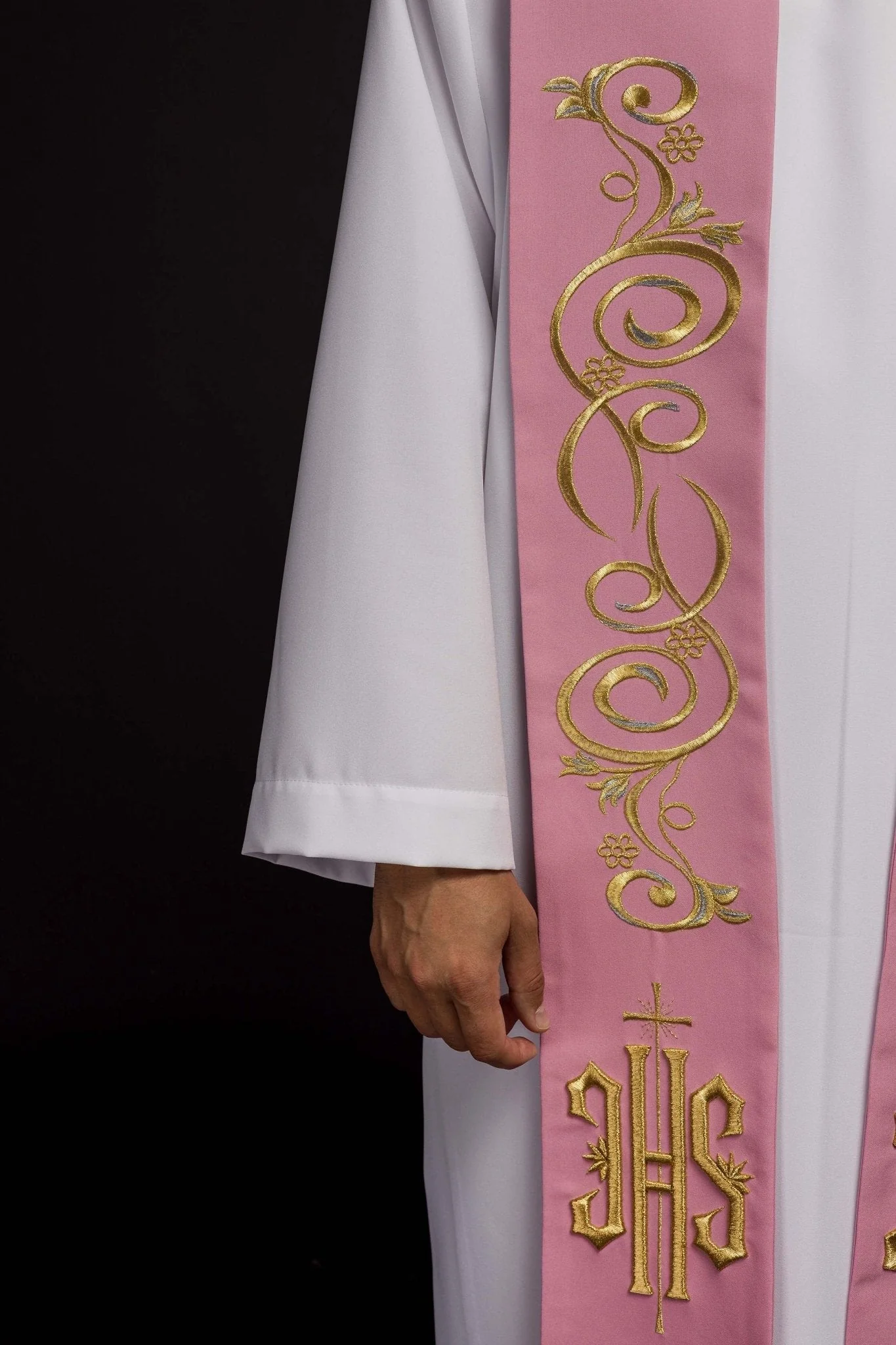 Rose-colored priestly stole embroidered with IHS - Image 3