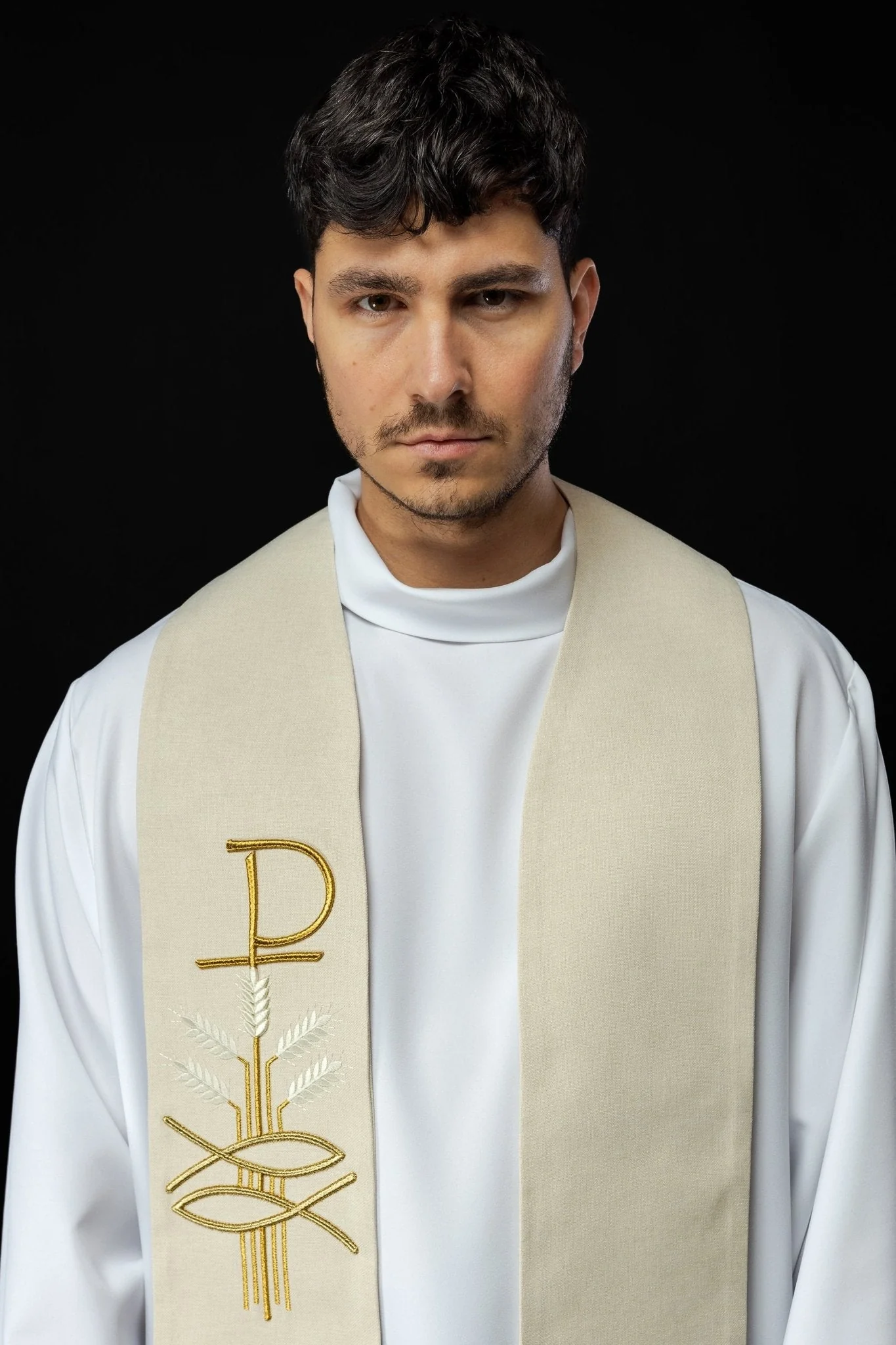 Simple priest stole in ivory with ichthys and PAX embroidery - Image 2