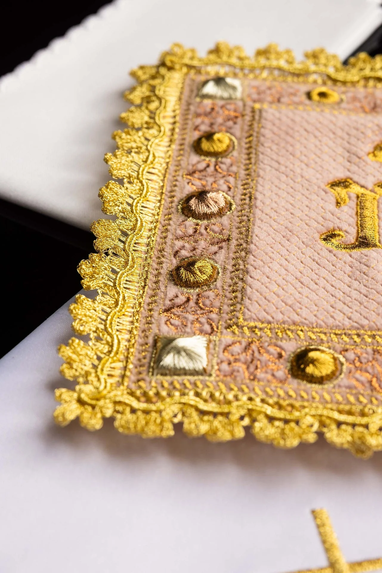 Velvet Altar Linens in pink with embroidered IHS symbol - Image 5