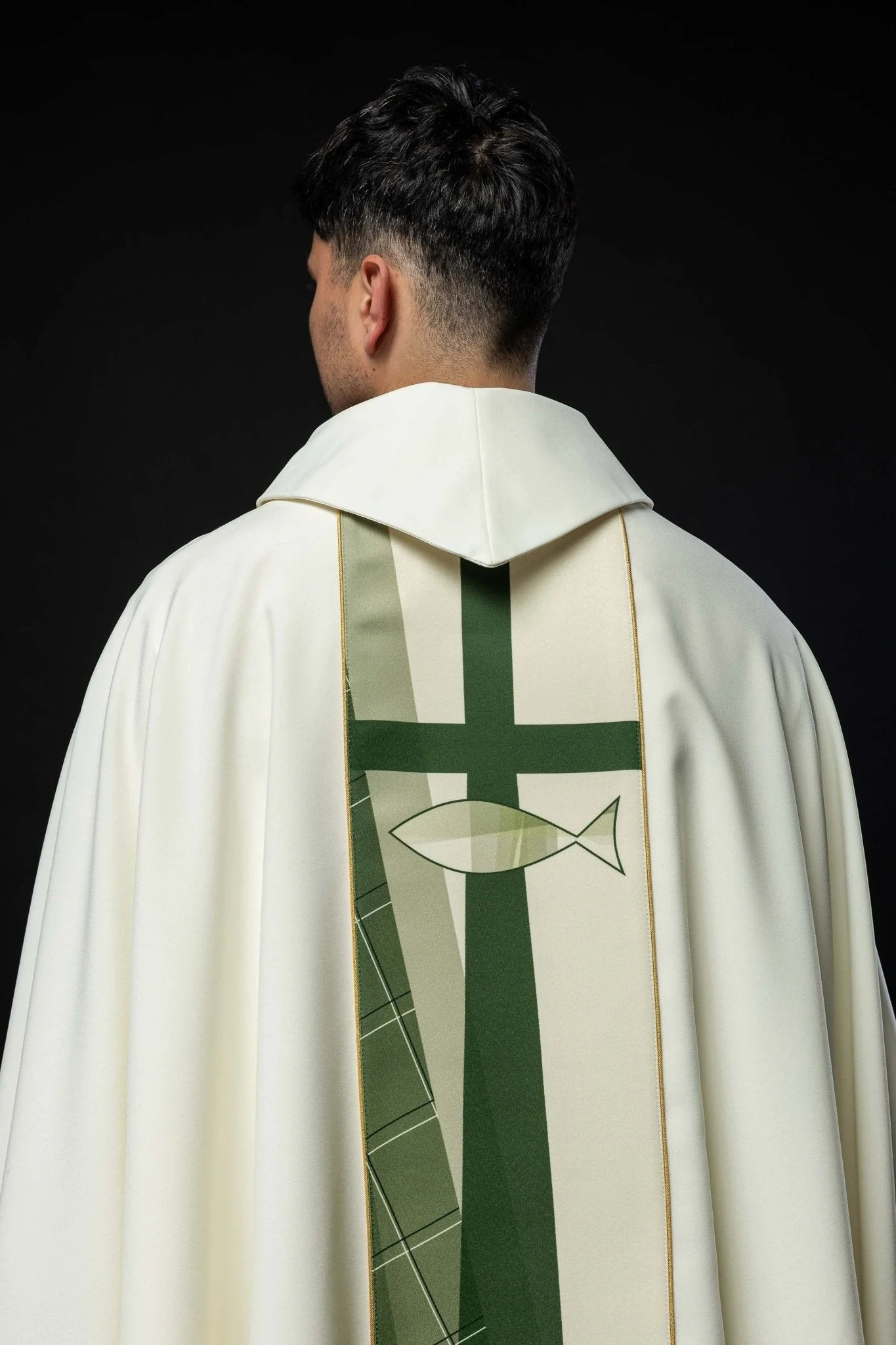 White chasuble embroidered with cross and fish patter - Image 6